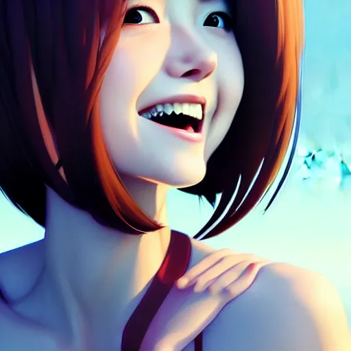 Image similar to youth kim beckinsale laughing softly, occlusion shadow, specular reflection, rim light, unreal engine, range murata, artstation, pinterest, art by hiroaki samura and ilya kuvshinov and rossdraws, intricate, highly detailed 8 k, art deco illustration, realistic, extremely beautiful shape of face, neck, shoulders eyes