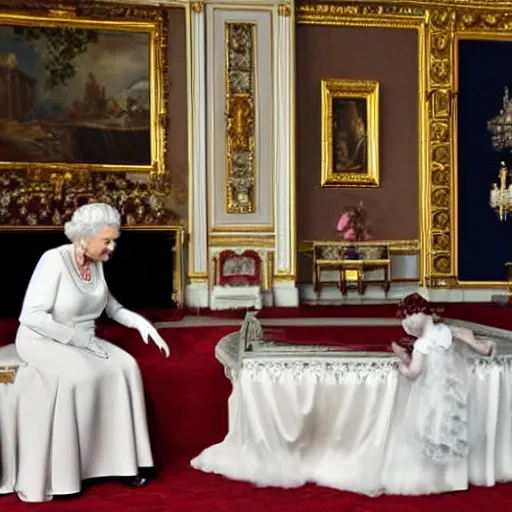 Image similar to Queen Elizabeth playing with a android white robot in the Buckingham palace