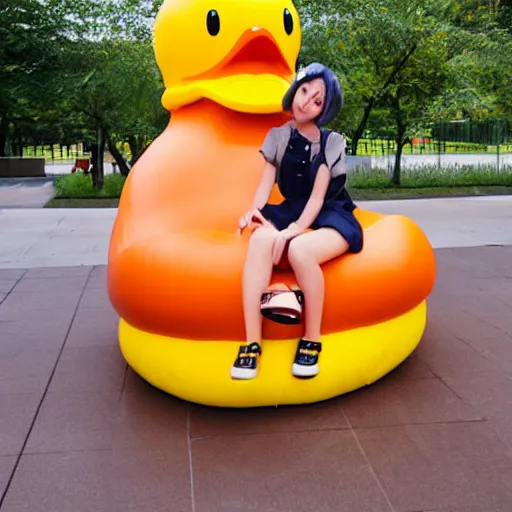 Prompt: a cute anime girl sitting on a giant rubber duck