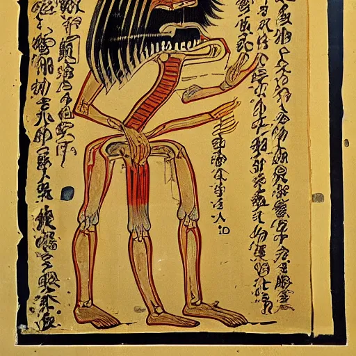 Image similar to an ancient papyrus depicting a japanese yokai's anatomy and information