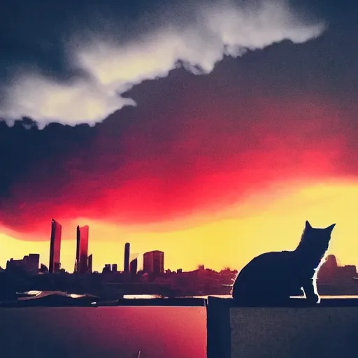 Image similar to cat watching post apocalyptic city with burning red sky