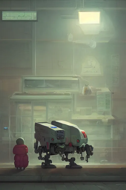 Prompt: mech at supermarket trying to find milk to his son, highly detailed, scifi, fantasy, highly detailed, digital painting, trending on artstation, concept art, sharp focus, illustration, global illumination, shaded, art by simon stalenhag