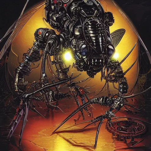 Prompt: dark robotic wasp, by yoichi hatakenaka, masamune shirow, josan gonzales and dan mumford, ayami kojima, takato yamamoto, barclay shaw, karol bak