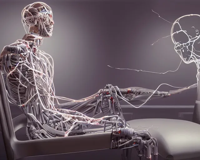 Prompt: a hyperrealistic painting of a human cyborg sitting in a chair with limbs stretched out, tied with electrical cables connected to supercomputers, flood of images flowing from his head, tesseract, vitruvian man, trending on artstation, concept art, insane details, zoomed out