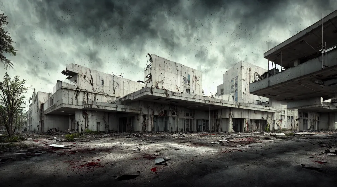 Image similar to post apocalyptic hospital building, morning, building, avenue, modern contemporary urban americana concrete architecture, by pascal blanche, neil blevins, apocalyptic color palette, trending on artstation, photorealistic, wilderness ambiance, ultra detailed, high definition, depth of field, bokeh, rubble, wild vegetation, blood stains, building crumbling, human silhouettes