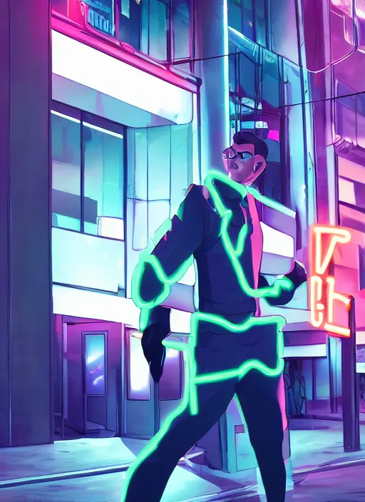 Image similar to Male cyborg wearing a school uniform, standing on street corner lit by a neon sign”, full body shot, cyberpunk, Digital art, detailed, anime