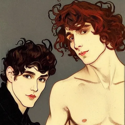 Prompt: two young beautiful men, cute dark medium wavy hair man in his 2 0 s named shadow taehyung and young cute dark red medium length curly hair man named maximo together at the halloween party, elegant, wearing suits!, modest!!, delicate facial features, art by alphonse mucha, vincent van gogh, egon schiele