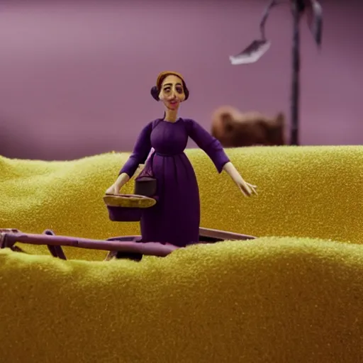 Image similar to a cinematic film still of a claymation stop motion film starring anne hathaway as female farmer, shallow depth of field, 8 0 mm, f 1. 8