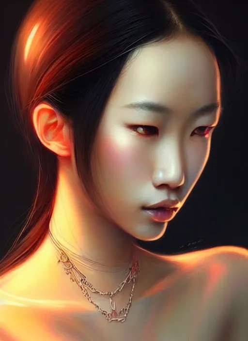 Image similar to portrait of asian female humanoid, transparent jewelry accessories, very details, elegant, cyber neon lights, highly detailed, digital illustration, trending in artstation, trending in pinterest, glamor pose, concept art, smooth, sharp focus, art by artgerm and greg rutkowski