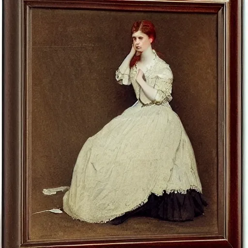 Image similar to young victorian lady being annoyed, painted by alfred stevens