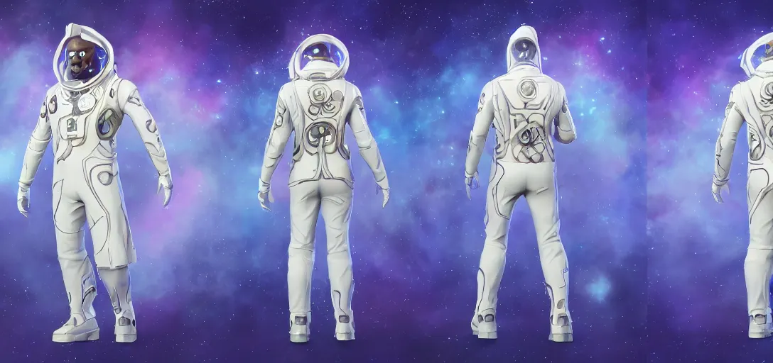 Image similar to character sheet concept art of a galaxy from fortnite wearing a white three - piece suit, realistic, hyperrealistic, photographic, costume, wlop, dan mumford, greg rutkowski, high detail, octane render, alexander mcqueen, james gurney, james jean, mucha, photo, 8 k, intricate