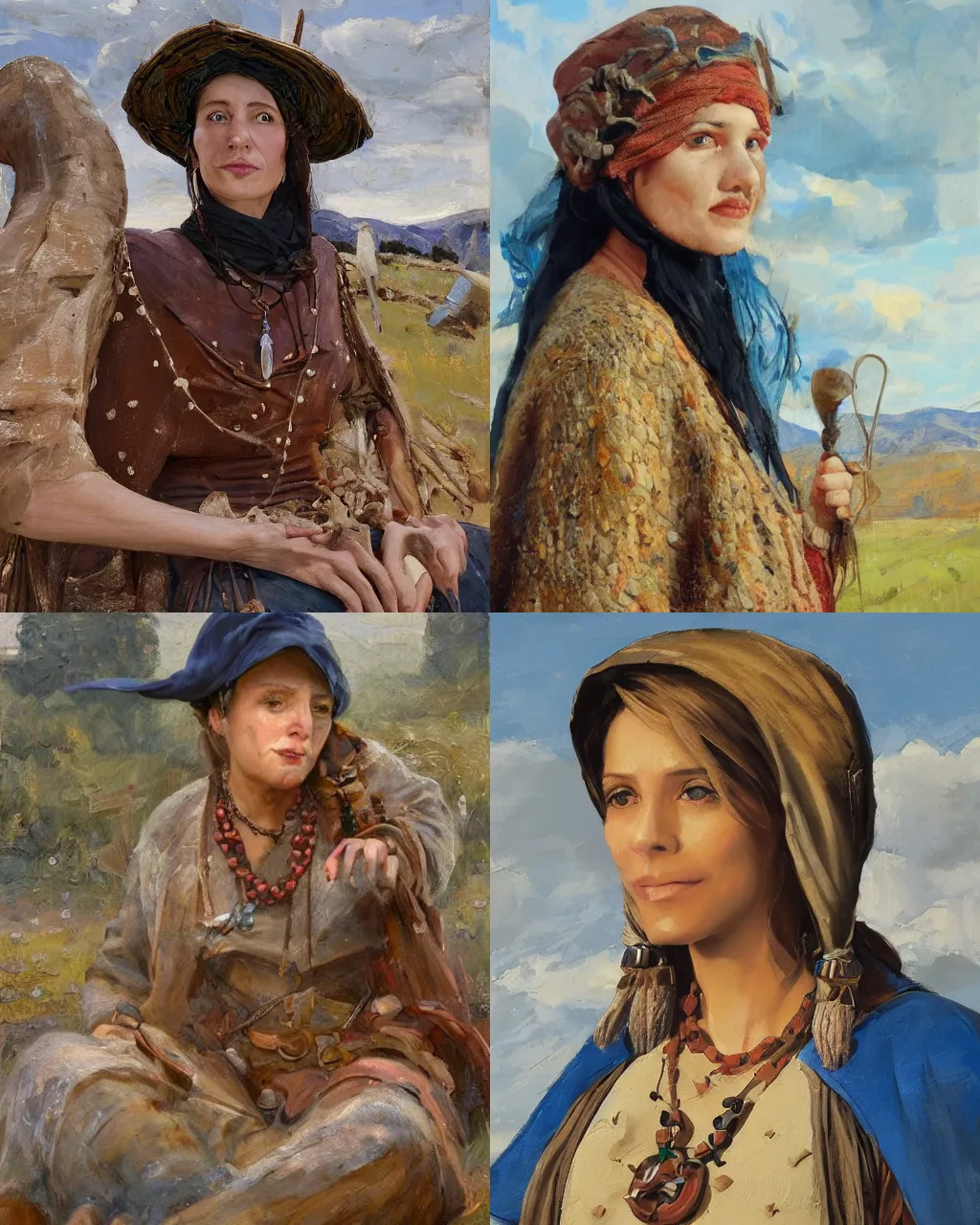 Image similar to portrait of medieval farmer woman with wooden jewelry, mediterranean features, wearing rich jewerly hat and deep blue boho poncho, fantasy character close up portrait, sitting dynamic pose, Low poly, thunder clouds in the sky, artwork by Jeremy Lipkin and Giuseppe Dangelico Pino and Michael Garmash and rob rey, levitation, industrial rusty pipes, simple form, brutal shapes