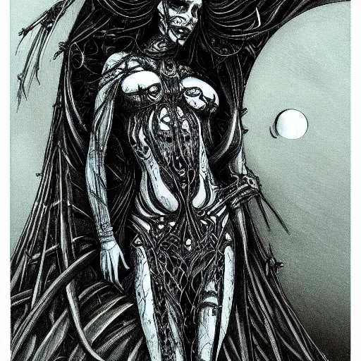 Image similar to illustration of a freaky goddess with a dark moon in the far distance by HR giger, ultradetailed, beautiful, happy, outstanding, trending on artstation, 8k