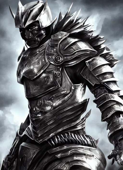 Image similar to An epic fantasy comic book style portrait painting of A black man wearing a silver samurai armor made of blades, Unreal 5, DAZ, hyperrealistic, octane render, cosplay, RPG portrait, dynamic lighting