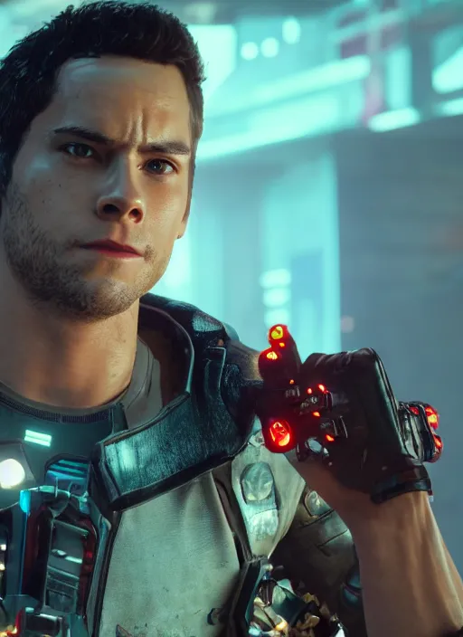 Image similar to film still of Dylan O'Brien as Kerry Eurodyne in Cyberpunk 2077, gameplay, 8k, HD