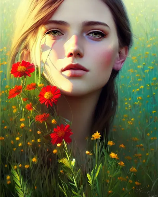 Image similar to stylized portrait of an artistic pose, composition, young lady sorrounded by nature, meadow, flowers, realistic shaded, fine details, realistic shaded lighting poster by ilya kuvshinov, magali villeneuve, artgerm, jeremy lipkin and michael garmash and rob rey