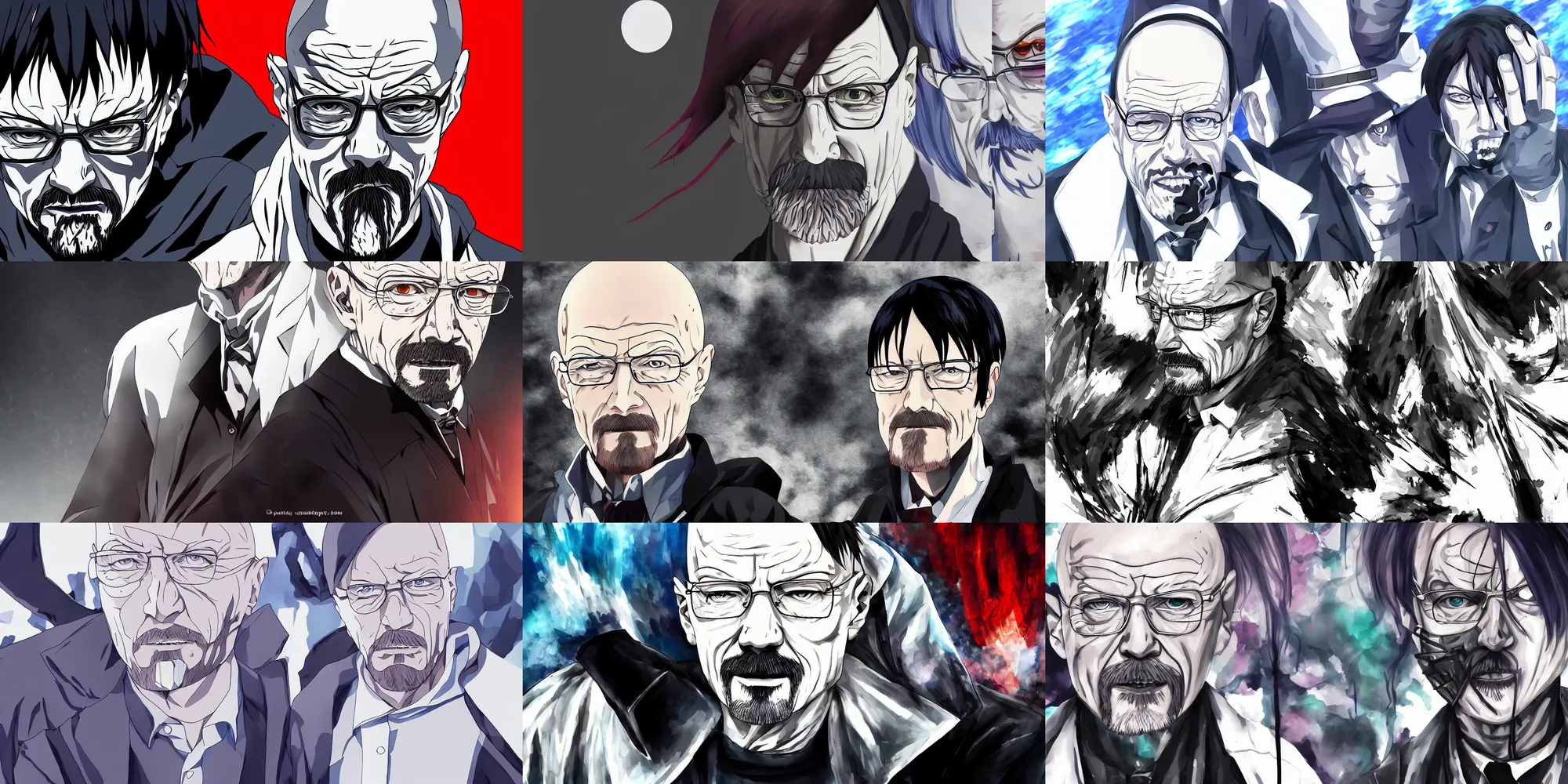 Prompt: walter white as an anime villain, tokyo ghoul anime, 4 k, hyper realistic, anime style, illustration