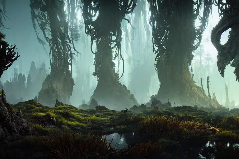 Image similar to wide epic shot from horizon forbidden west. a hyper detailed organic mechanic creatuve realistic similar look as horizon forbidden west horizon zero dawn, bioluminiscence in a dark deep forest at dawn in spring, with reflection and textures, by kilian eng, substance painter reaslitic mech surface metal painted scratches, world env from horizon forbidden west horizon zero dawn