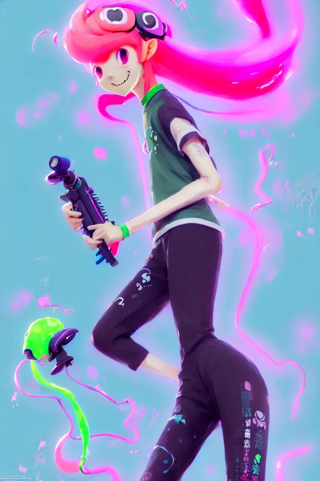 Image similar to a beautiful fullbody portrait of a cute splatoon anime boy with pink hair and green eyes wearing sports clothing tight leggings. character design by cory loftis, fenghua zhong, ryohei hase, ismail inceoglu and ruan jia. artstation, volumetric light, detailed, photorealistic, fantasy, rendered in octane