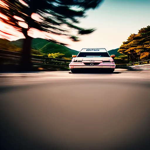 Image similar to a car drifting Toyota JZX100 in middle of road, gunma prefecture, city sunset, cinematic color, photorealistic, highly detailed, bokeh