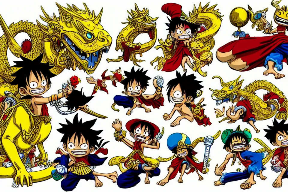 Image similar to concept sketches of luffy wearing a gold crown riding a large dragon by jamie hewlett, in the style of megaman, micro detail