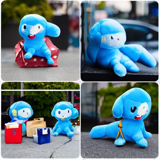 Prompt: blue'snappy gifts'plush doll, on sidewalk, handing out gifts, happy atmosphere, high detail, soft lighting, 8 k