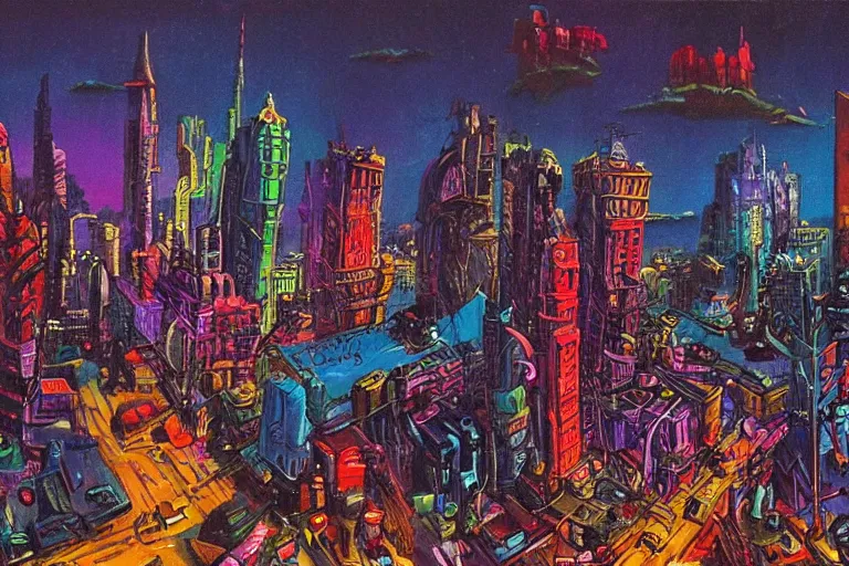 Image similar to surreal colorful nightmarish cityscape, artwork by ralph bakshi