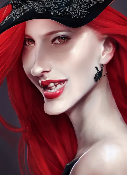 Image similar to a highly detailed illustration of tall beautiful red haired lady wearing black noir dress and black sun hat, dramatic smile pose, perfect face, perfect body, perfect eyes, intricate, elegant, highly detailed, centered, digital painting, artstation, concept art, smooth, sharp focus, league of legends concept art, wlop.