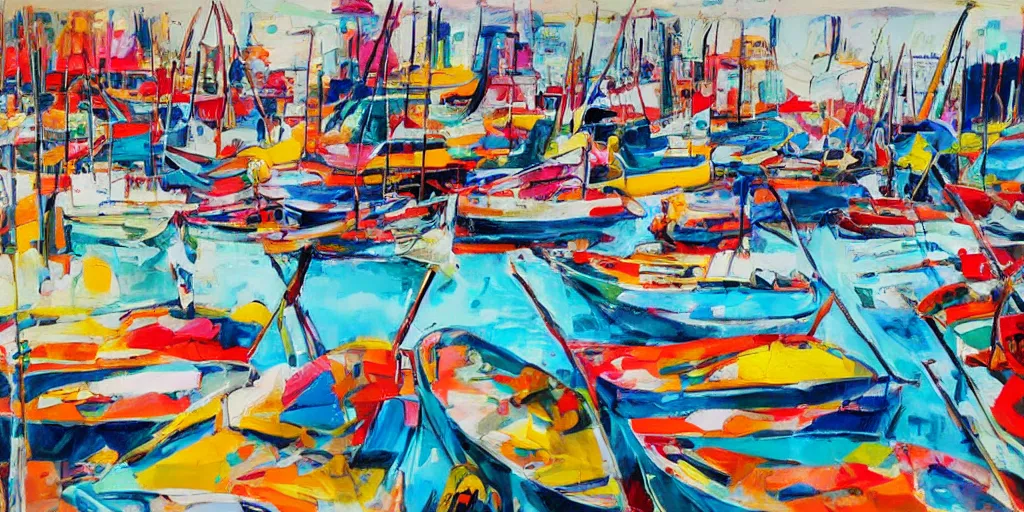 Prompt: abstract maximalist painting, interesting relationship within the composition, gestural lines, maximalism, boats at harbor, white sketchbook style, paint on canvas, power washed texture, masterpiece,