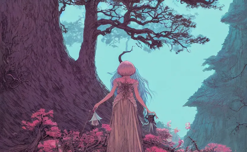 Prompt: a detailed illustration of a witch seen from the back on top of stairs, a magical forest with giant trees, looking at a gigantic face of a rock statue, cool shades of cyan and pink, by ghibli, by akihiko yoshida