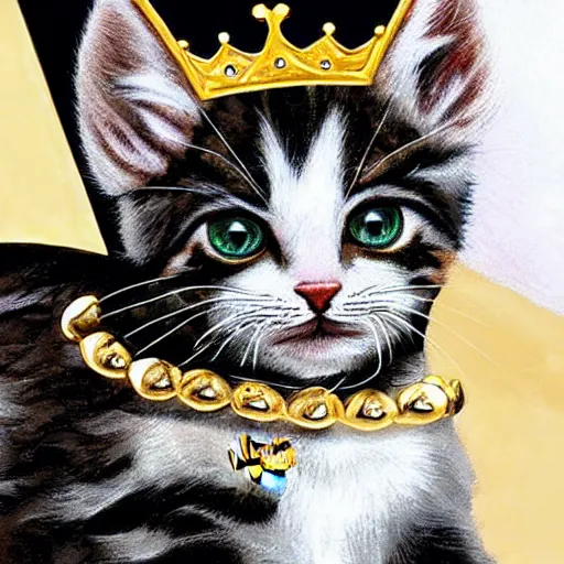 Image similar to a kitten emperor adorned in jewels. hyper realistic, king, gold crown, portrait