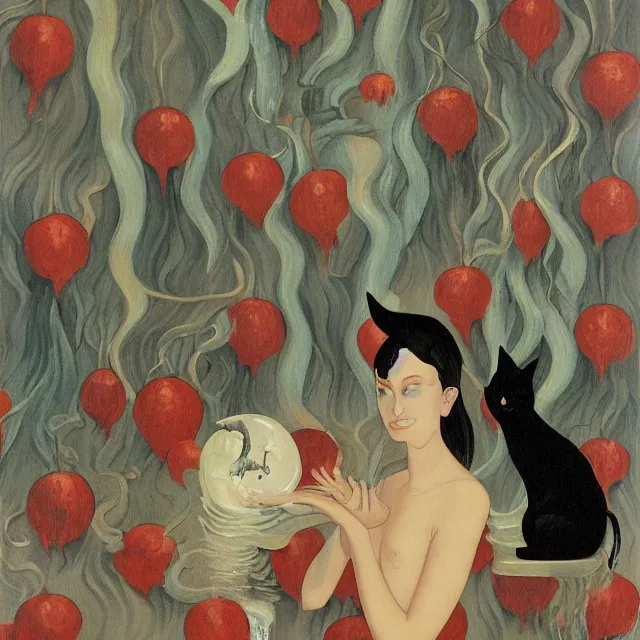 Image similar to tall female catgirl artist holding a black cat in her flooded apartment, pomegranates, octopus, water gushing from ceiling, painting of flood waters inside an artist's apartment, a river flooding indoors, mushrooms, ikebana, zen, rapids, waterfall, black swans, canoe, berries, acrylic on canvas, surrealist, by magritte and monet