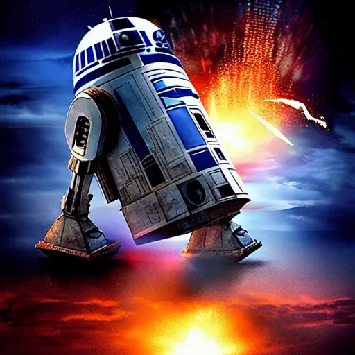 Prompt: Epic Cinematic Poster Of R2-D2 With An Explosion Behind Him