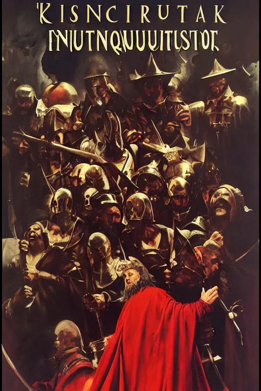 Prompt: Movie poster of nobody expects the Spanish inquisition, by frank frazetta, Noriyoshi Ohrai, ilya repin, 8k, hd, high resolution print