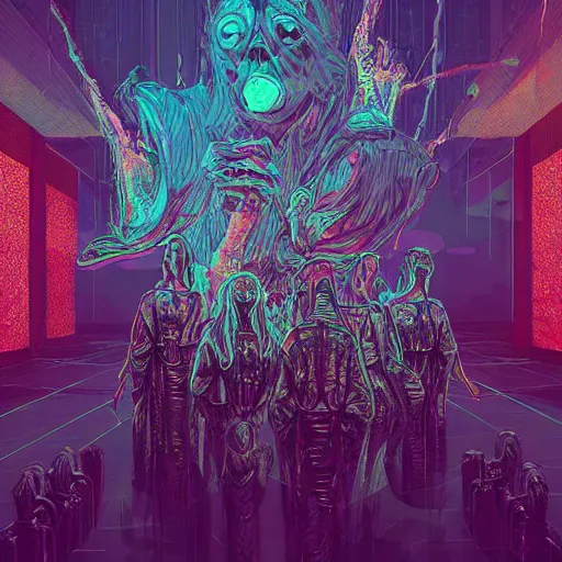 Prompt: seven angels come forth and receive seven bowls full of the wrath of god, smoke fills the temple so that no one can enter till the plagues of the seven angels have been complete, cyberpunk art by android jones, by beeple, darksynth, synthwave, quantum tracerwave