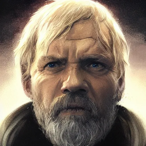 Image similar to portrait of a man by Greg Rutkowski, old jedi Master Luke Skywalker from Star Wars Expanded Universe, he is about 60 years old, wearing tactical jedi gear, highly detailed portrait, digital painting, artstation, concept art, smooth, sharp foccus ilustration, Artstation HQ