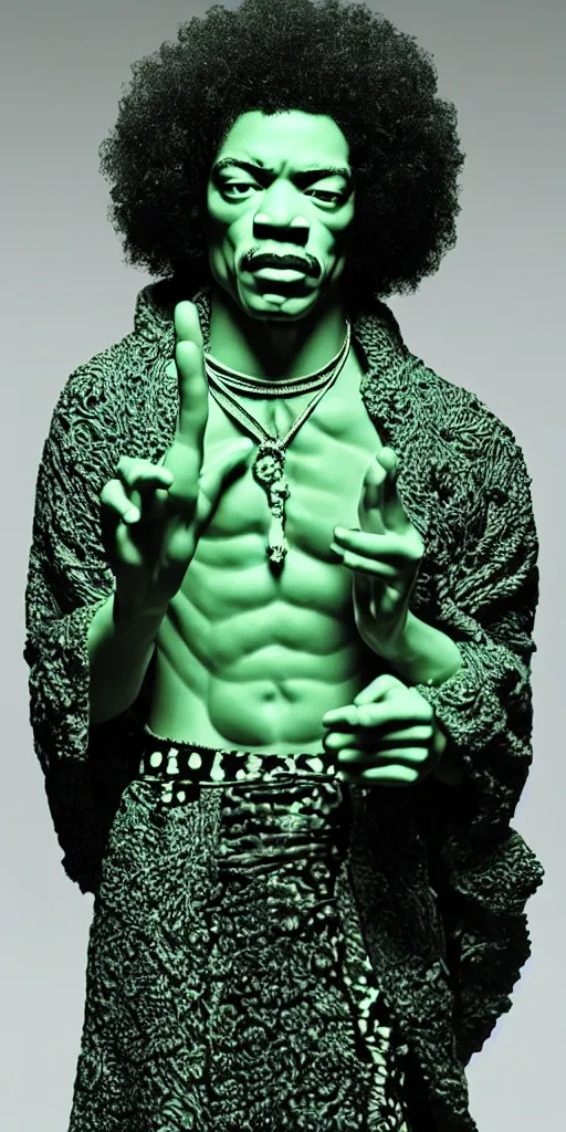 Image similar to detailed photo of a jade translucent statue of most a jimi hendrix, full body portrait, glowing in the dark, photorealism, intricate detail, museum diffuse lighting