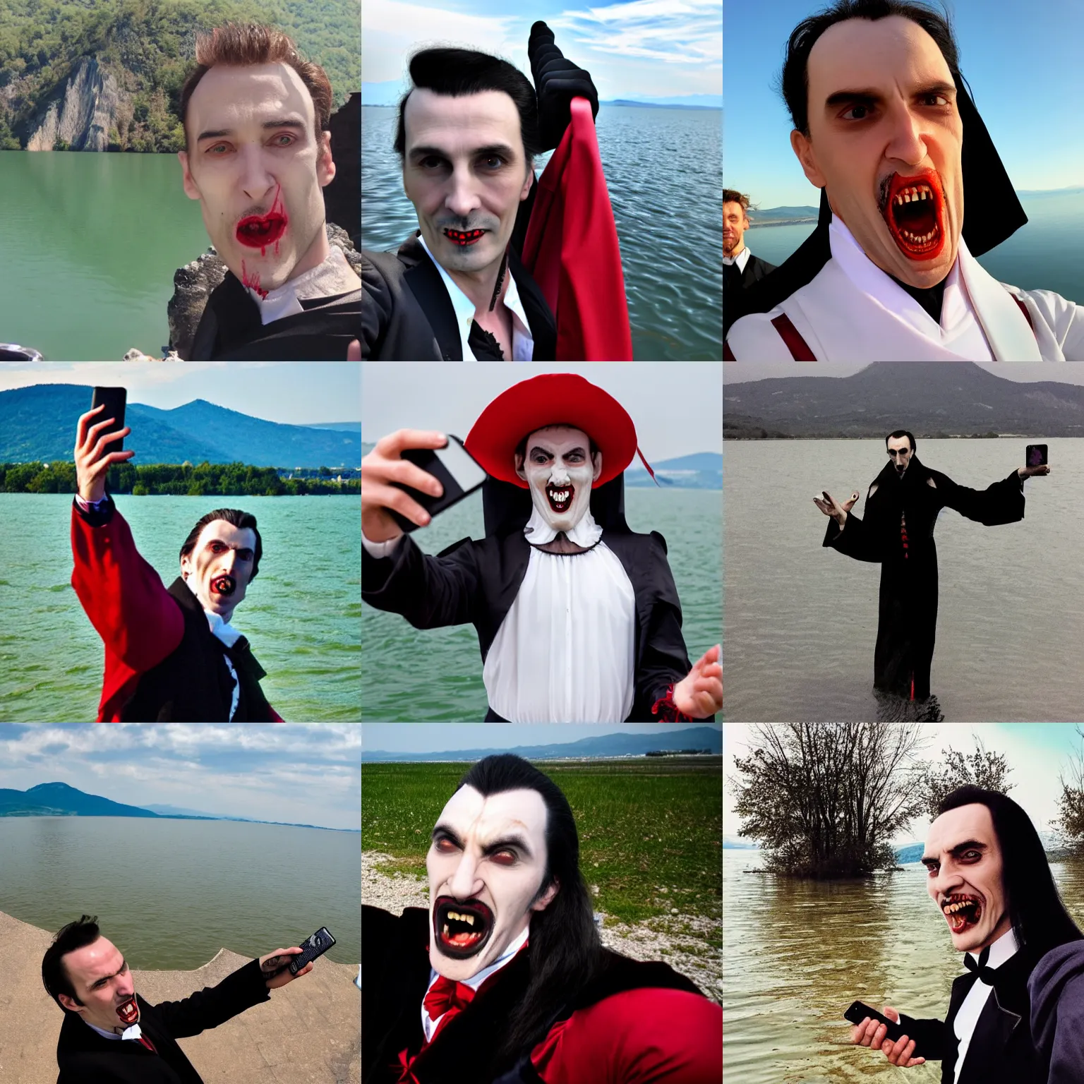 Prompt: Dracula takes a selfie at the Balaton lake