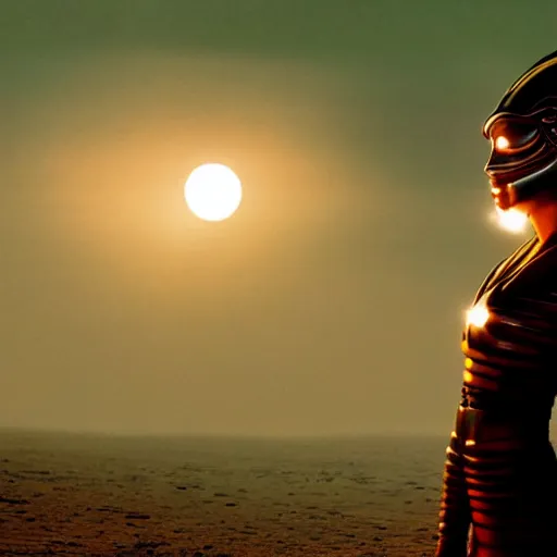 Prompt: beautiful Fine art photo of a young woman wearing a futuristic electronic mayan helmet, photorealistic, high quality, sunset lighting, in the movie Dune, 8k
