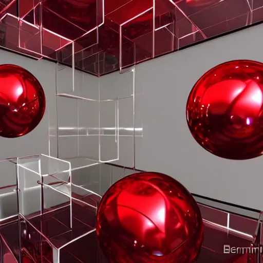 Prompt: chrome spheres on a red cube by benjamin chee chee