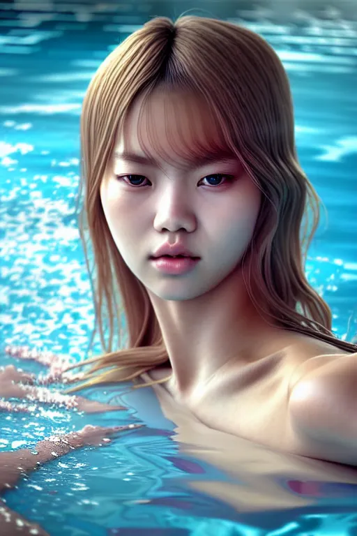 Image similar to beautiful half body digital painting of lalisa, face emerging from pool of water with high detail, 8 k, stunning detail, photo by artgerm, greg rutkowski and alphonse mucha, unreal engine 5, 4 k uhd