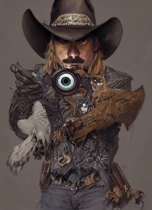 Image similar to owl in a cowboy hat and eye mask disguise, marvel comics, dark, intricate, highly detailed, smooth, artstation, digital illustration by Ruan Jia and Mandy Jurgens and Artgerm and Wayne Barlowe and Greg Rutkowski and Frank Frazetta