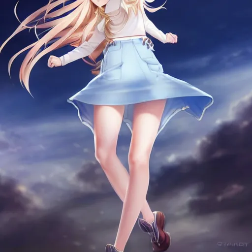 Image similar to a very beautiful anime cute girl, full body, long wavy blond hair, sky blue eyes, full round face, short smile, large top, miniskirt, front view, medium shot, mid-shot, highly detailed, cinematic wallpaper by Stanley Artgerm Lau