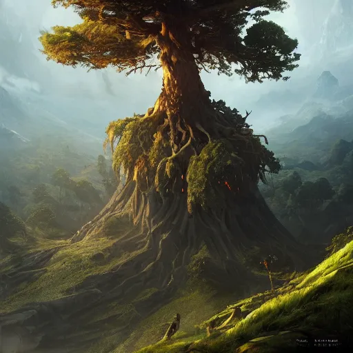 Image similar to Beautiful cinematic scene of a gigantic tree, Yggdrasil, on top of a mountain, epic, megalophobia, cinematic lighting, insanely detailed, painting by Greg Rutkowski, Artstation