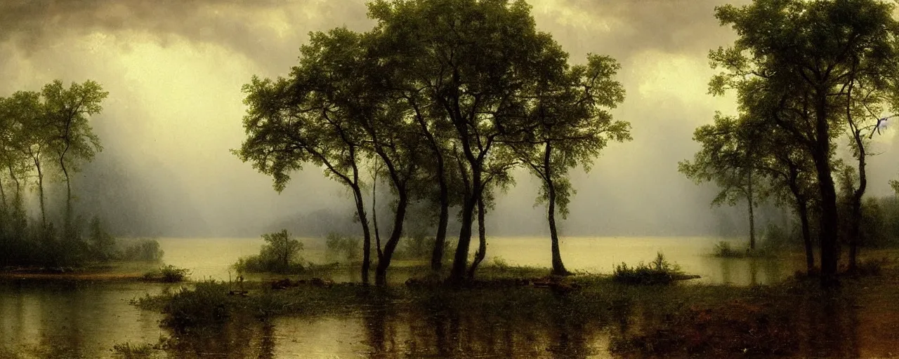 Prompt: a painting of a lake, heavy downpour, raining, by albert bierstadt