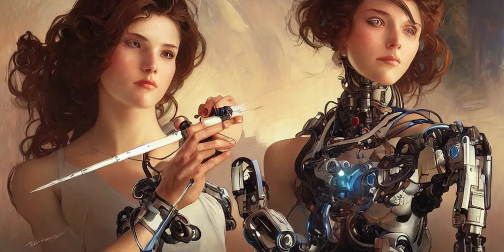 Image similar to female robot holding paintbrush, cybernetic paintbrush, robotic arm, incredibly detailed face, pretty face, true anatomy, art by artgerm and greg rutkowski and alphonse mucha