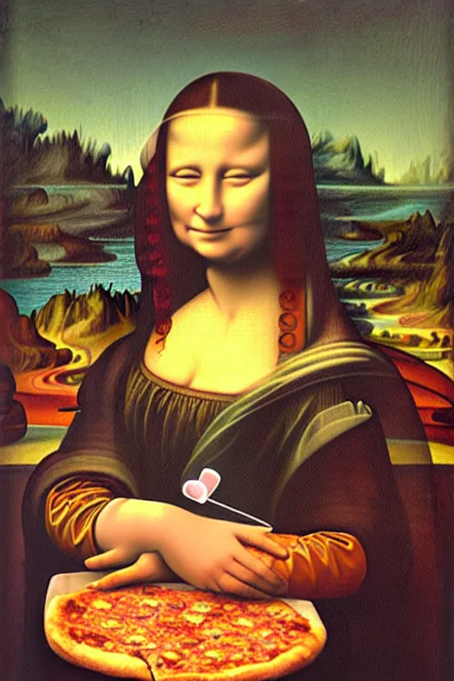 Prompt: painting of a beautiful woman holding a pizza, in the artistic style of mona lisa