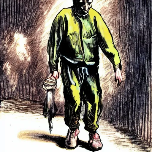 Prompt: A strong Glaswegian welder leaving work for the day, in the style of Peter Howson,