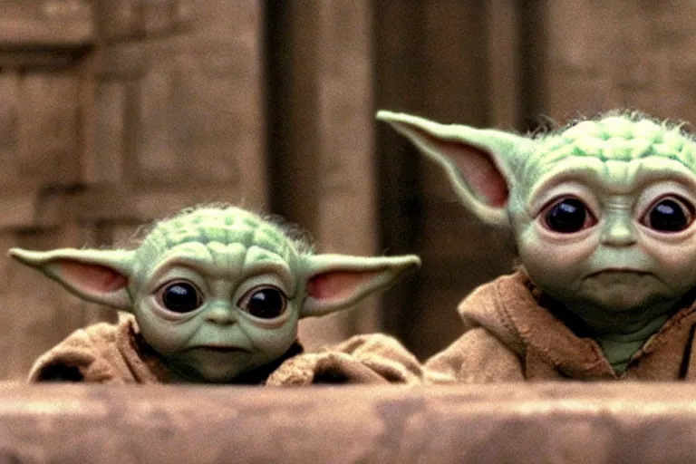 Image similar to promotional image of Baby Yoda (viewed from behind) standing in front of the Mirror of Erised in Harry Potter and the Philosopher's Stone (2001), movie still frame, promotional image, imax 70 mm footage