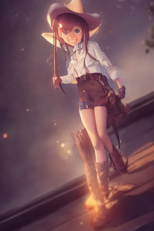 Image similar to a very cute cowgirl cat girl, single subject, scenic full shot, ambient lighting, detailed face, by makoto shinkai, stanley artgerm lau, wlop, rossdraws